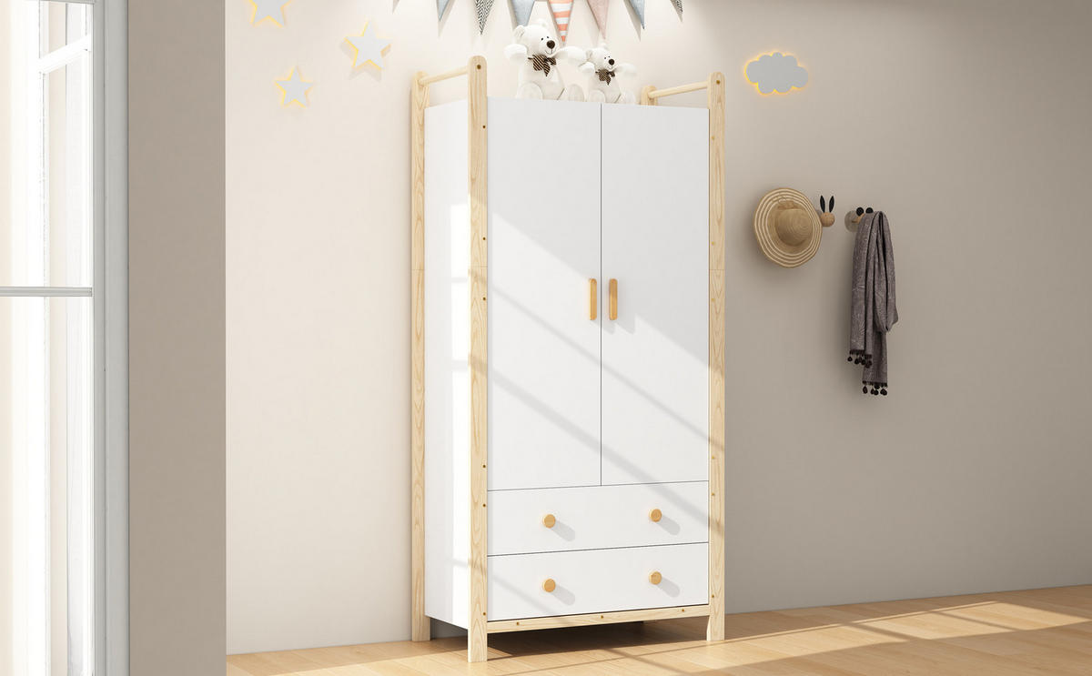 KLEIDERSCHRANK 90x45x180cm Weiß + Kiefer Spanplatte 2 Türen 2 Schubladen - Weiß, Holz (45/180/90cm) - FLIEKS