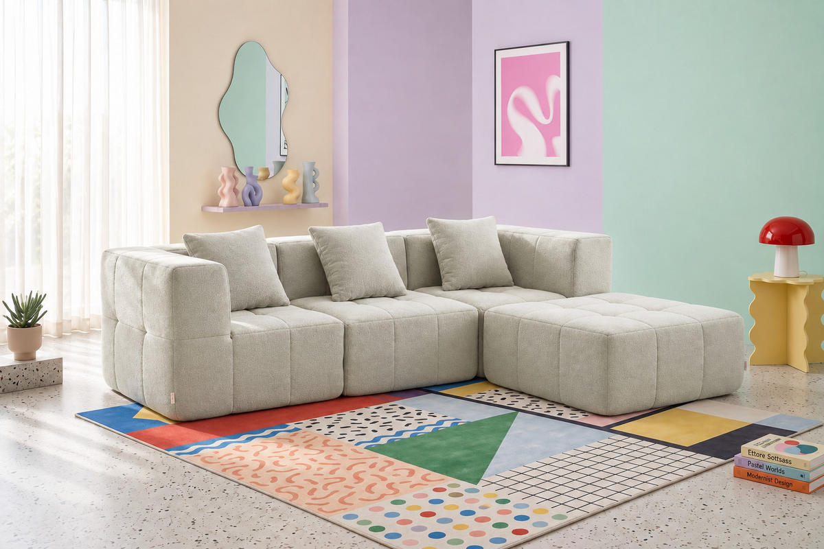 ECKSOFA Bouclé-Stoff Cremebeige - Beige, Textil (260/190cm) - MILYsofa