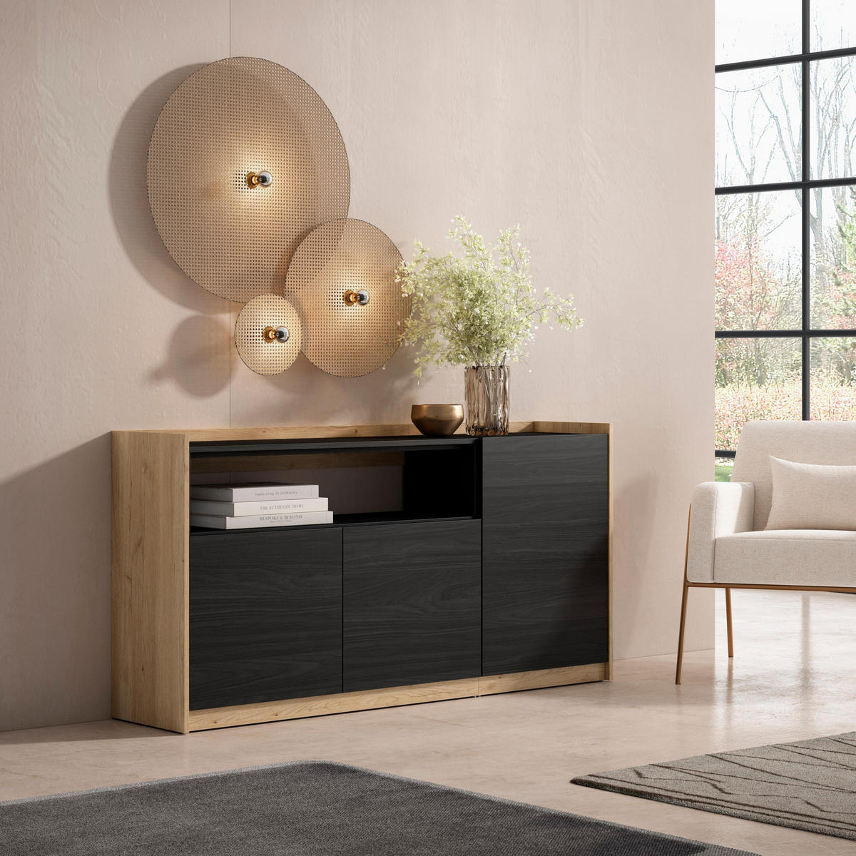 SIDEBOARD, Highboard, Schwarz Eiche, 156/37/80cm - Schwarz, Holzwerkstoff (156/80/37cm) - Skraut Home