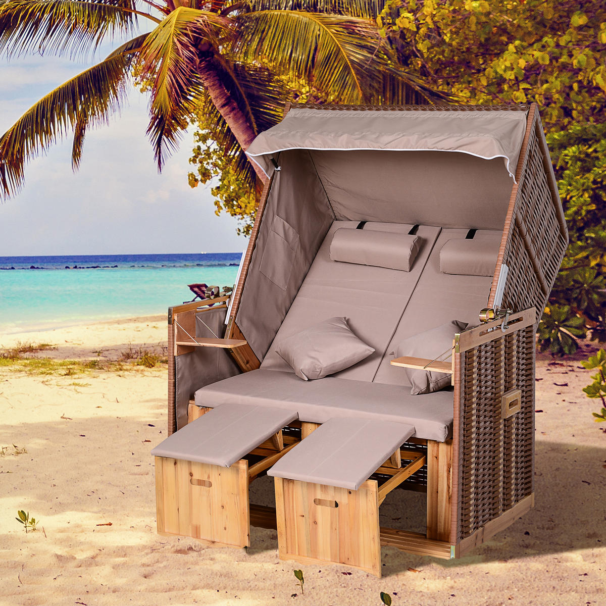 STRANDKORB mit Klapptisch Sitzhocker Getrankehaltern PE Rattan Beige - Beige, Kunststoff (79/150/118cm) - Outsunny