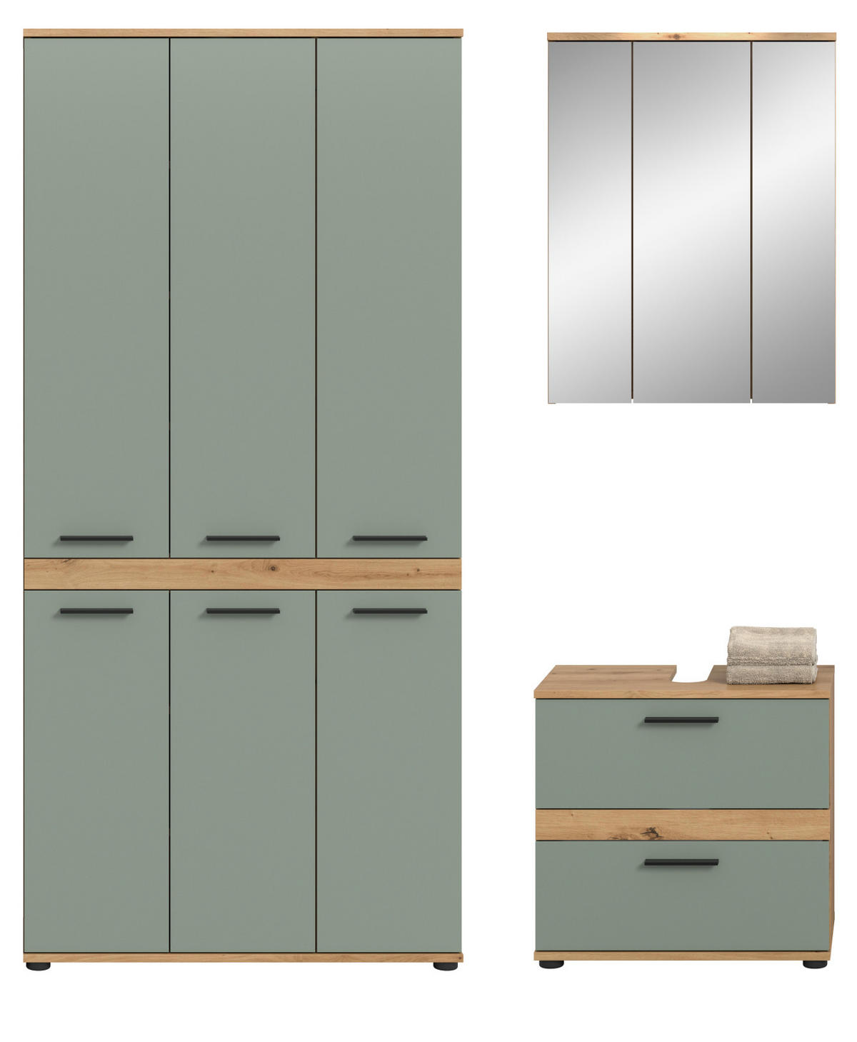 BADMÖBEL-SET 3-teilig Salbei grün, Artisan Eiche 167 cm, Badezimmerschränke mit viel Stauraum - Salbeigrün/Schwarz, Glas/Holzwerkstoff (167/191/34cm) - Inn.Furn
