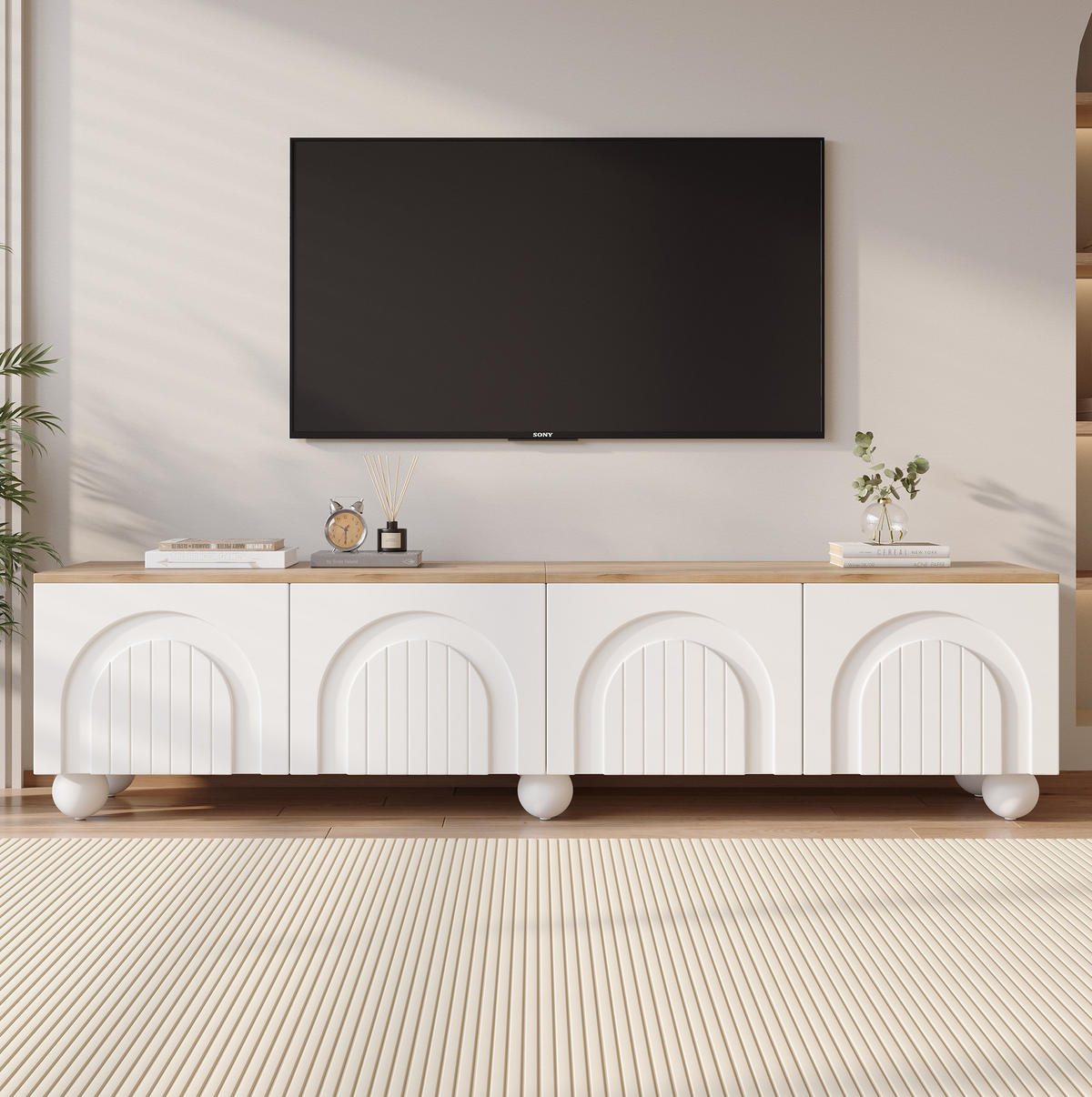 TV stolek 180/40/45 cm s úložným prostorem, 4 dvířky a 6 kovovými nohami, Bílá a dub - bílá, kompozitní dřevo (180/45/40cm) - Redom