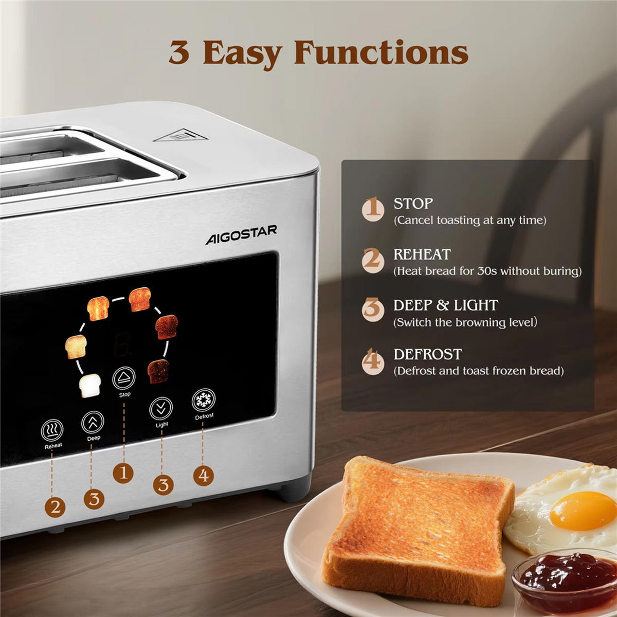 TOASTER 2 Scheiben LED Touch 6 Stufen Edelstahl 850W - Silberfarben, Metall (26/18.2/16cm) - Kaket