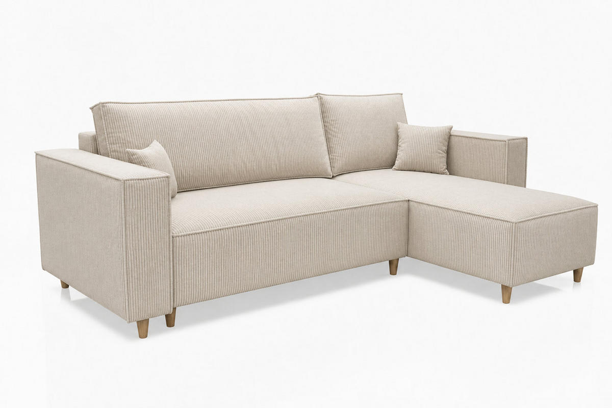 ECKSOFA mit Schlaffunktion und Bettkasten Rio, Ecksofa Cordstoff Creme, Ottomane Universal, 249x142 cm - Creme, Textil (249/142cm) - Marpur