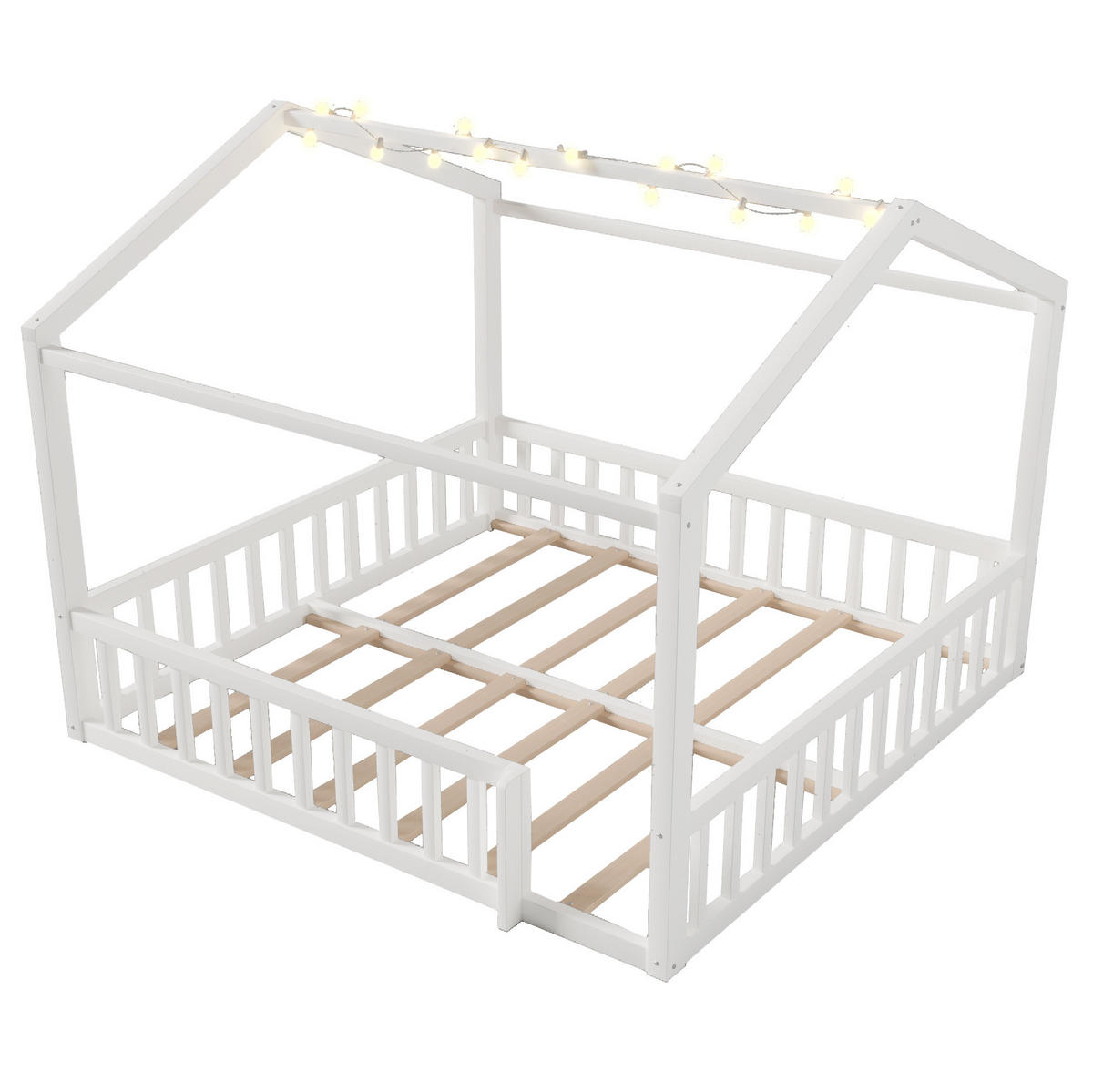 HAUSBETT aus Kiefernholz 90x190/180x190 cm Weiß mit Schutzgitter, LED-Licht und teilbarem Dual-Design - Weiß, Holzwerkstoff (90/190cm) - Modfu