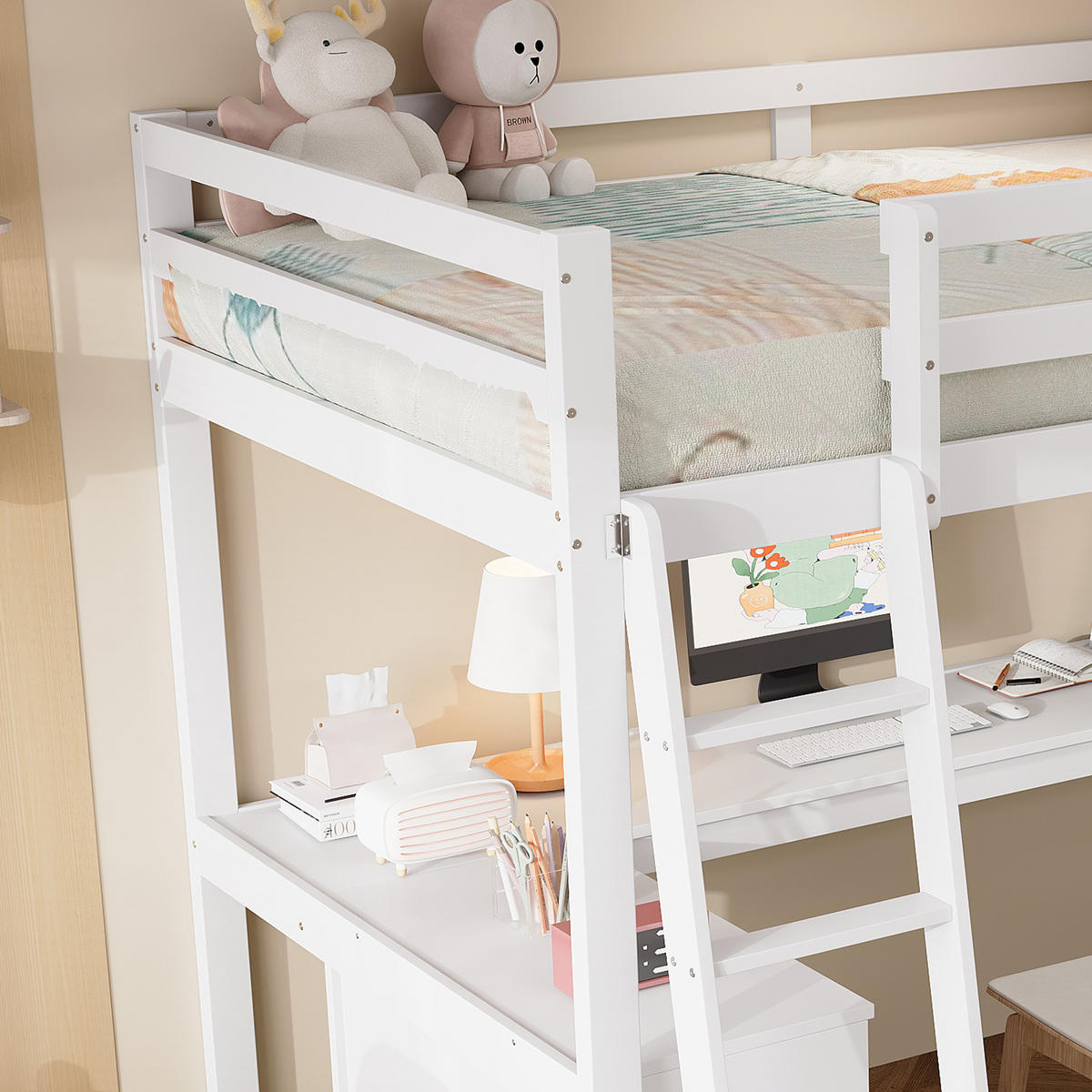 HOCHBETT 90/200 cm in Weiß Kinderbett mit Ablageregal, Filztuch und Sicherheitsgeländer - Weiß, Holz (90/200cm) - STILVORA