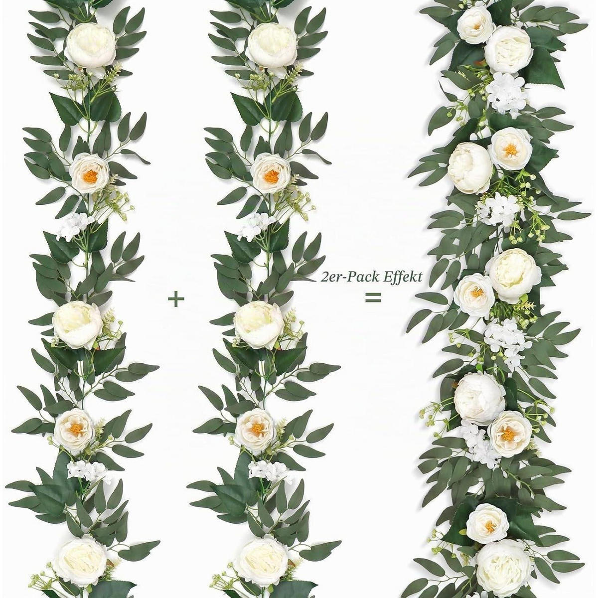 KÜNSTLICHE Blumen Girlande Eukalyptus Pfingstrose 200 cm 2 Stück Set Weiß - Weiß, Kunststoff (10cm)