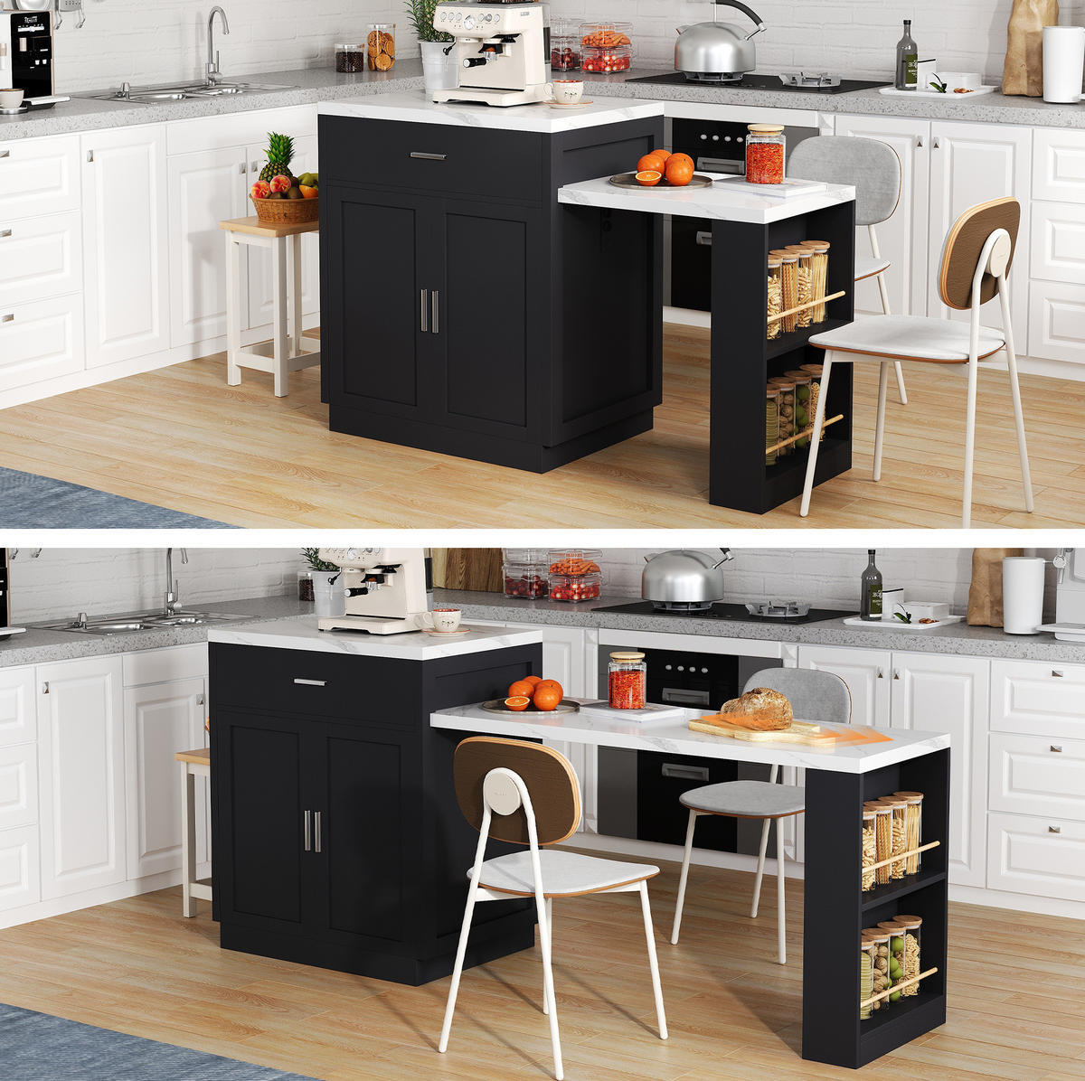 KUECHENINSEL mit ausziehbarem Esstisch 211 x 55 x 89,5 cm MDF Schwarz - Schwarz, Holz (55/89.5/211cm) - Beauniv