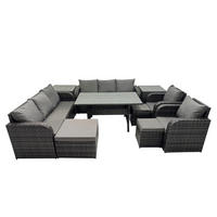 GARTENTISCHGRUPPE mit 2 Beistelltischen,3 Hockern Polyrattan Dunkelgrau 10-Sitzer - Dunkelgrau/Grau, Glas/Kunststoff - Fimous