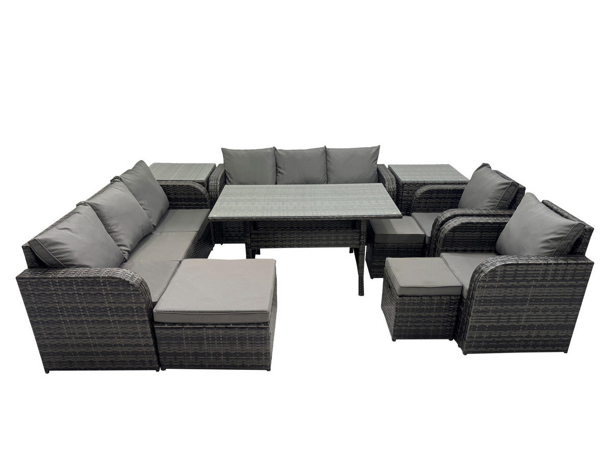 GARTENTISCHGRUPPE mit 2 Beistelltischen,3 Hockern Polyrattan Dunkelgrau 10-Sitzer - Dunkelgrau/Grau, Glas/Kunststoff - Fimous