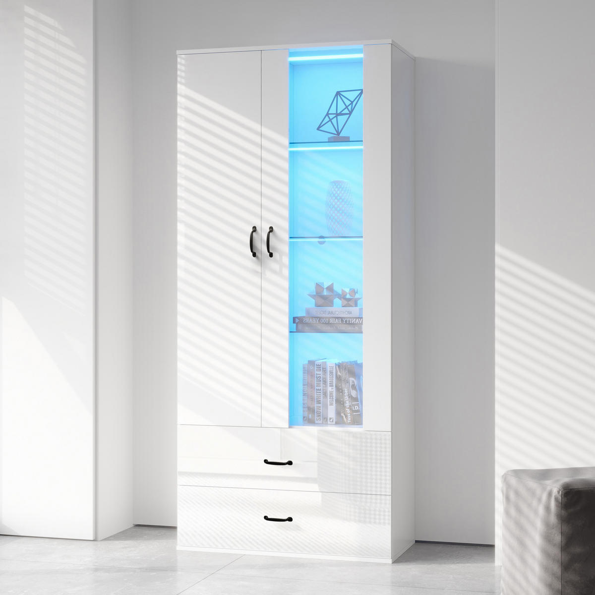 HIGHBOARD mit LED-Beleuchtung 59,5/35/182 cm mit 2 Türen und 2 Schubladen - Weiß, Holzwerkstoff (59.5/182/35cm) - BEAOK