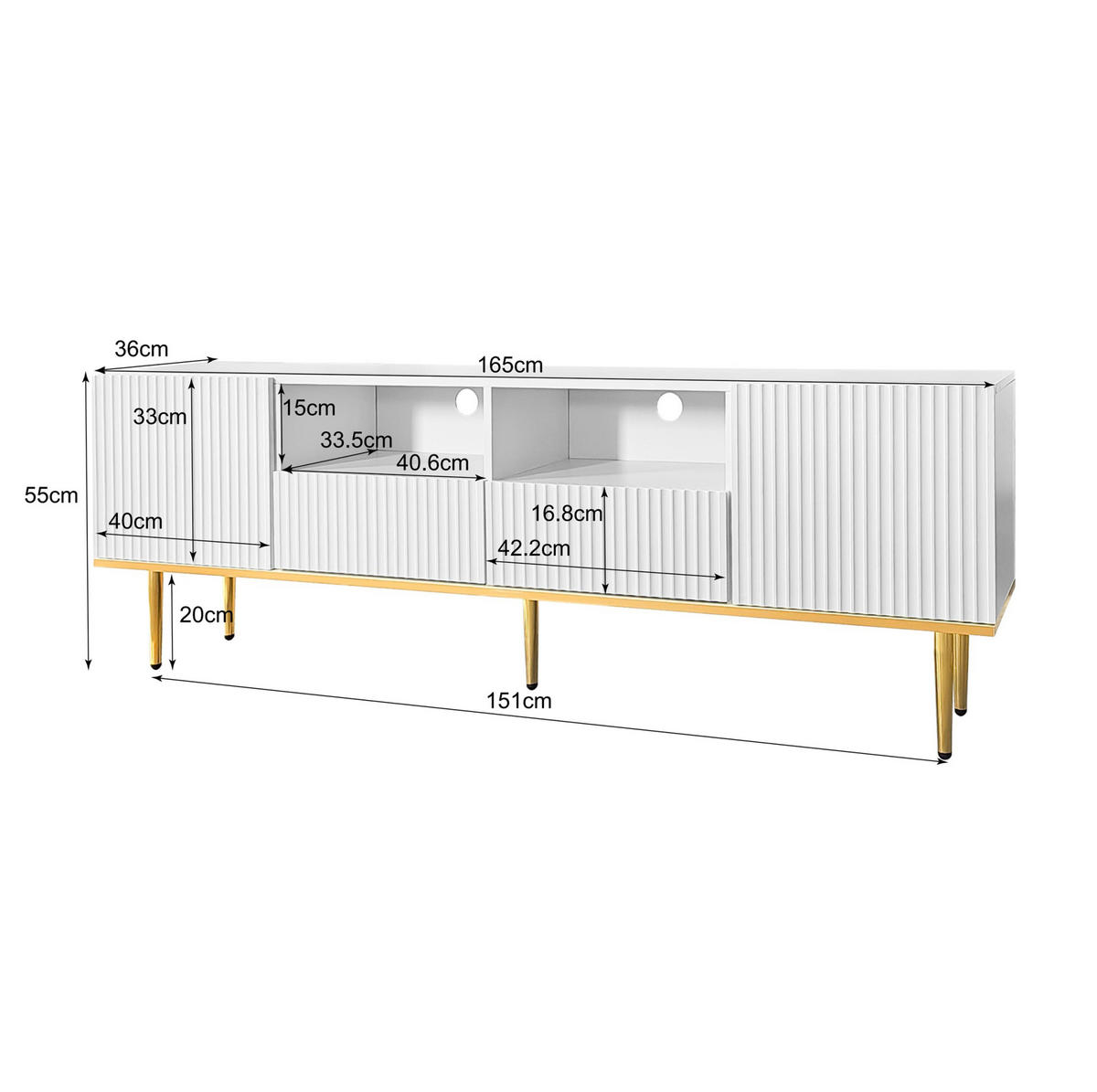 TV-SCHRANK in Weiß mit goldenen Akzenten und 2 Schubladen 165/36/55 cm - Weiß, Holzwerkstoff (165/55/36cm) - Redom