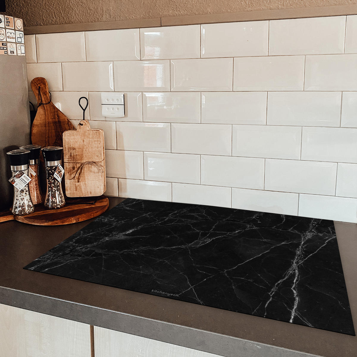 HERDABDECKPLATTE Schwarz - Marmor 75x52 cm - Schwarz, Kunststoff (75/0.2/52cm) - MuchoWow