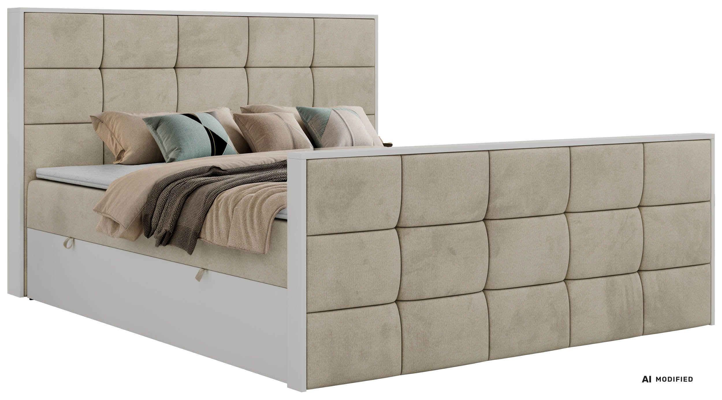 BOXBETT ALVIT DUO 160/200 - Beige Velvet - Topper Visco - H4 - Beige/Schwarz, Kunststoff/Textil (160/200cm) - MKS