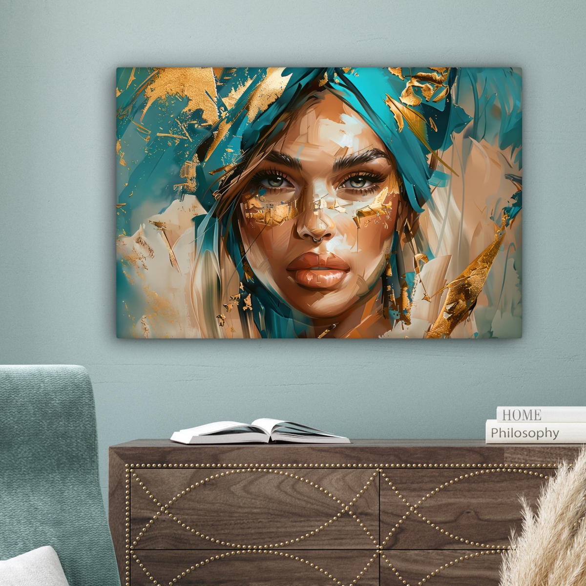 LEINWANDBILD - Frau - Porträt - Gold - Luxus - Blau - 60x40 - Wanddeko Schlafzimmer - Türkis, Textil (60/40cm) - MuchoWow