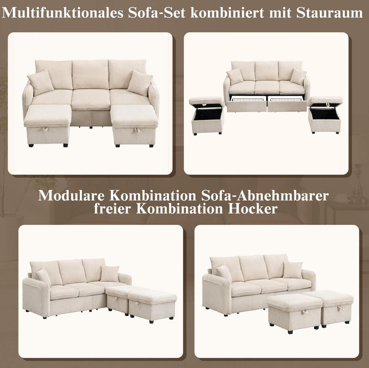 ECKSCHLAFSOFA 3-Sitzer Cord mit Stauraum und 2 Hocker Beige 188/186/86 cm - Beige, Textil (186/188cm) - Redom
