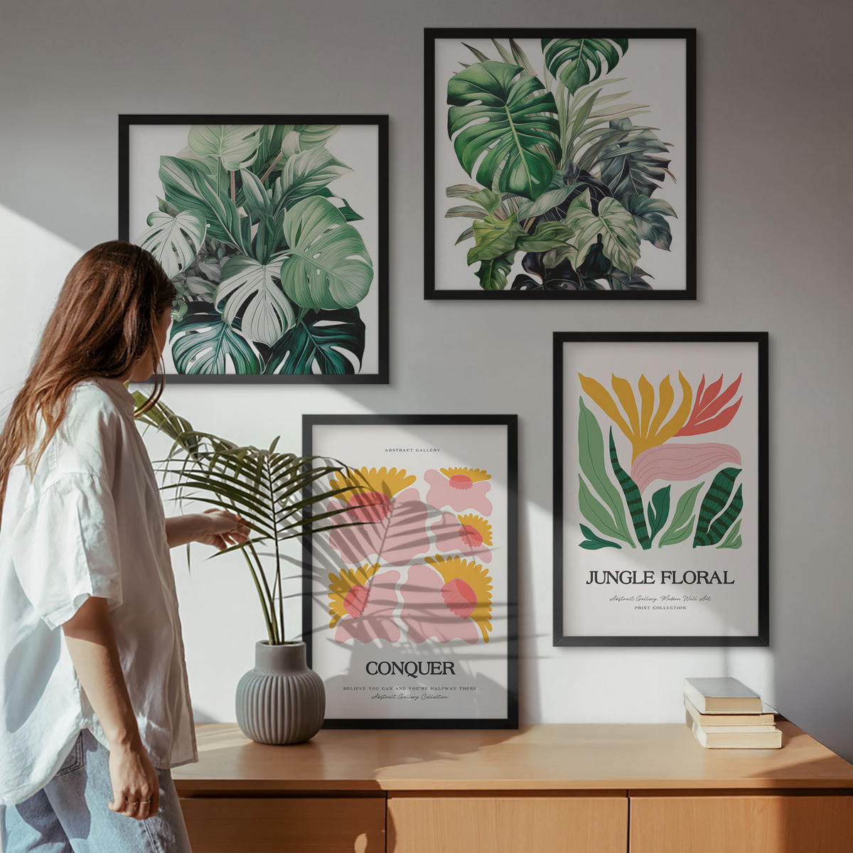 BILDER SET 4er Set - 50x50 cm & 40x60 cm Schwarzer Rahmen - Blumen und Blätter – moderne Poster - Schwarz, Kunststoff (50/50cm) - TULUP