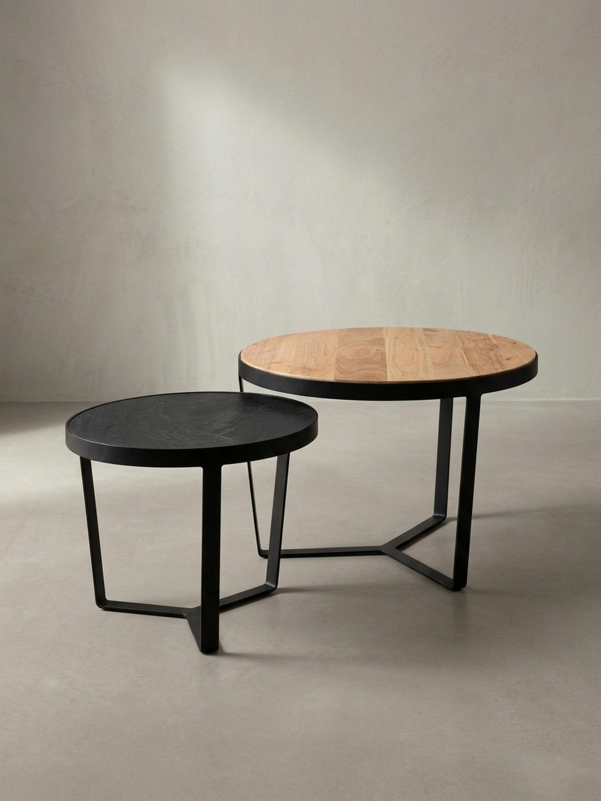COUCHTISCH Set rund – Akazie Massivholz, Steinoptik, Metallgestell, Braun-Anthrazit - Schwarz, Holz/Metall (60/60/40cm) - KADIMA DESIGN