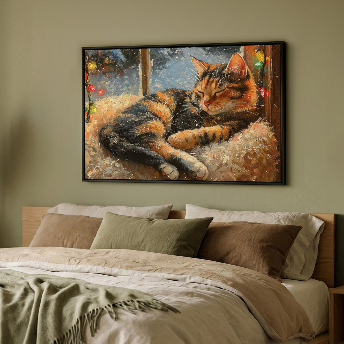 LEINWAND Bilder mit Rahmen - Katze - Weihnachten - Winter - Tier - 90x60 - Bernsteinfarben, Textil (90/60cm) - MuchoWow