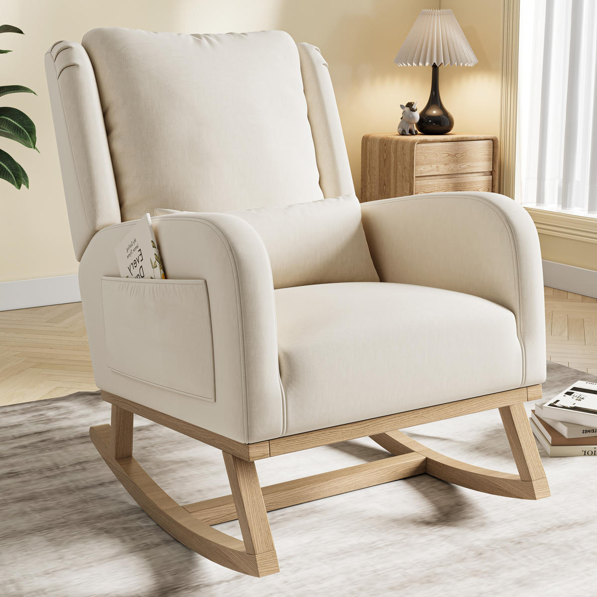 SCHAUKELSTUHL BEIGE LEINEN KISSEN SEITENTASCHEN STABILITÄT - Beige, Holzwerkstoff (93/96/52cm) - SHOPENTRA