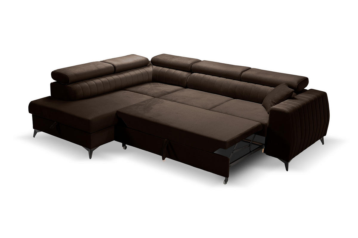 ECKSOFA PIERO L Links mit Schlaffunktion 195x125 Velours Braun - Schwarz/Braun, Holz/Textil (268/203cm) - Muffo