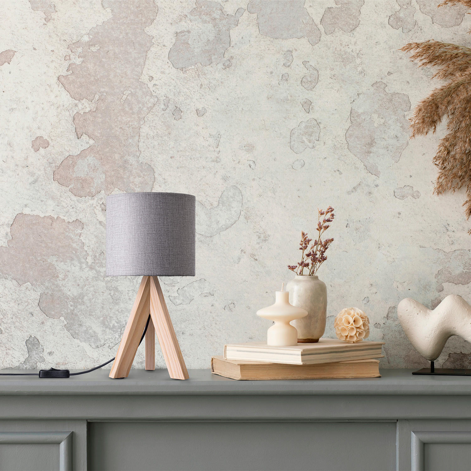 TISCHLAMPE Bajo Canvas - Beige/Grau, Holz (17/17/35cm) - Paco Home