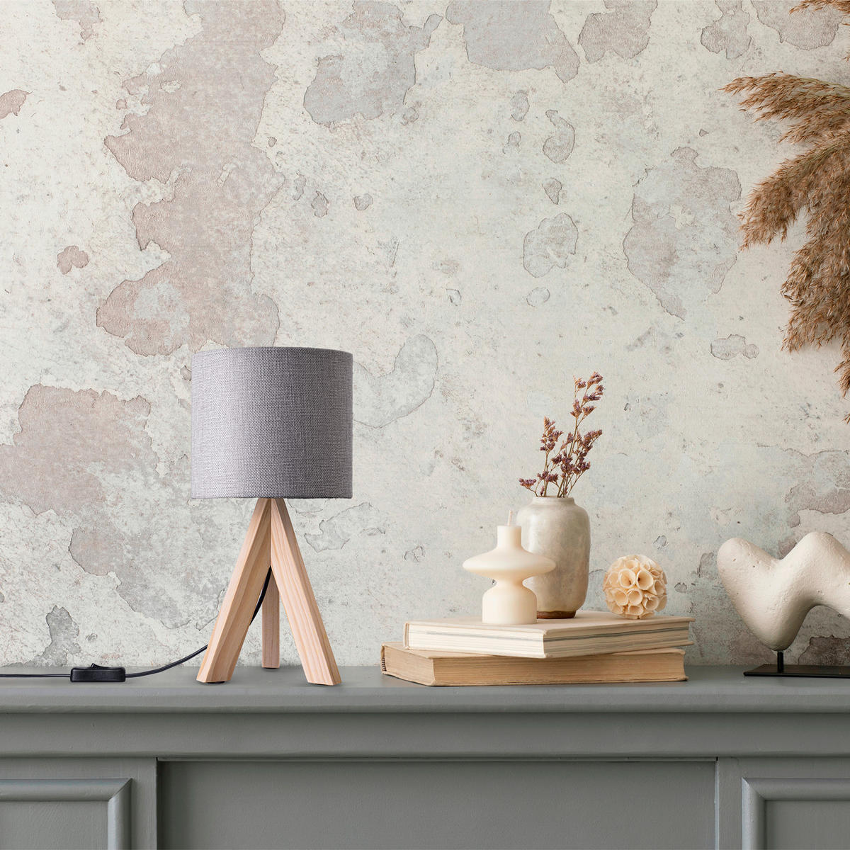 TISCHLAMPE Bajo Canvas - Beige/Grau, Holz (17/17/35cm) - Paco Home