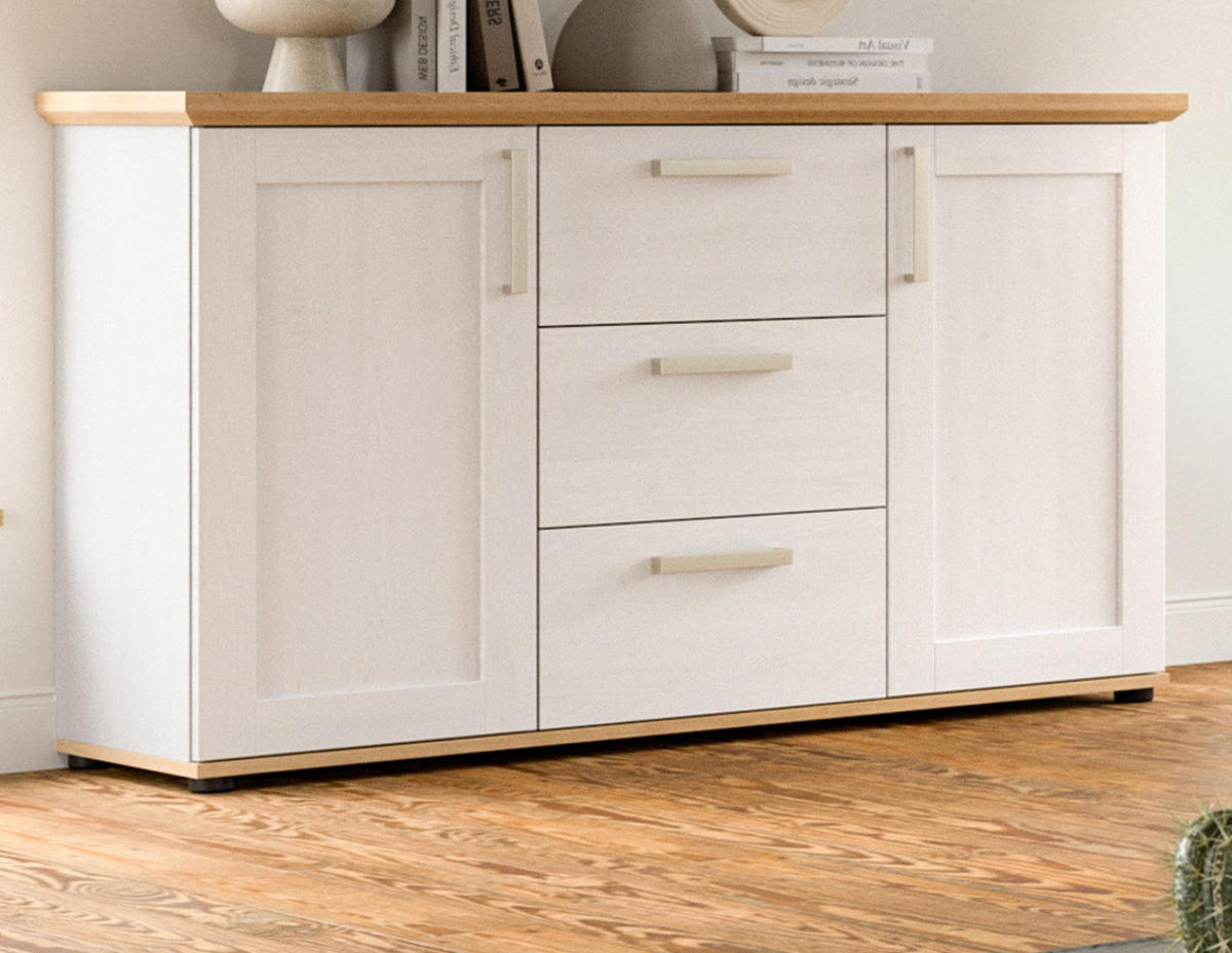 SIDEBOARD weiß Lärche, Eiche Artisan 129 cm, Kommode im Landhaus-Stil - Silberfarben/Schwarz, Holzwerkstoff/Kunststoff (129/80/40cm) - Inn.Furn
