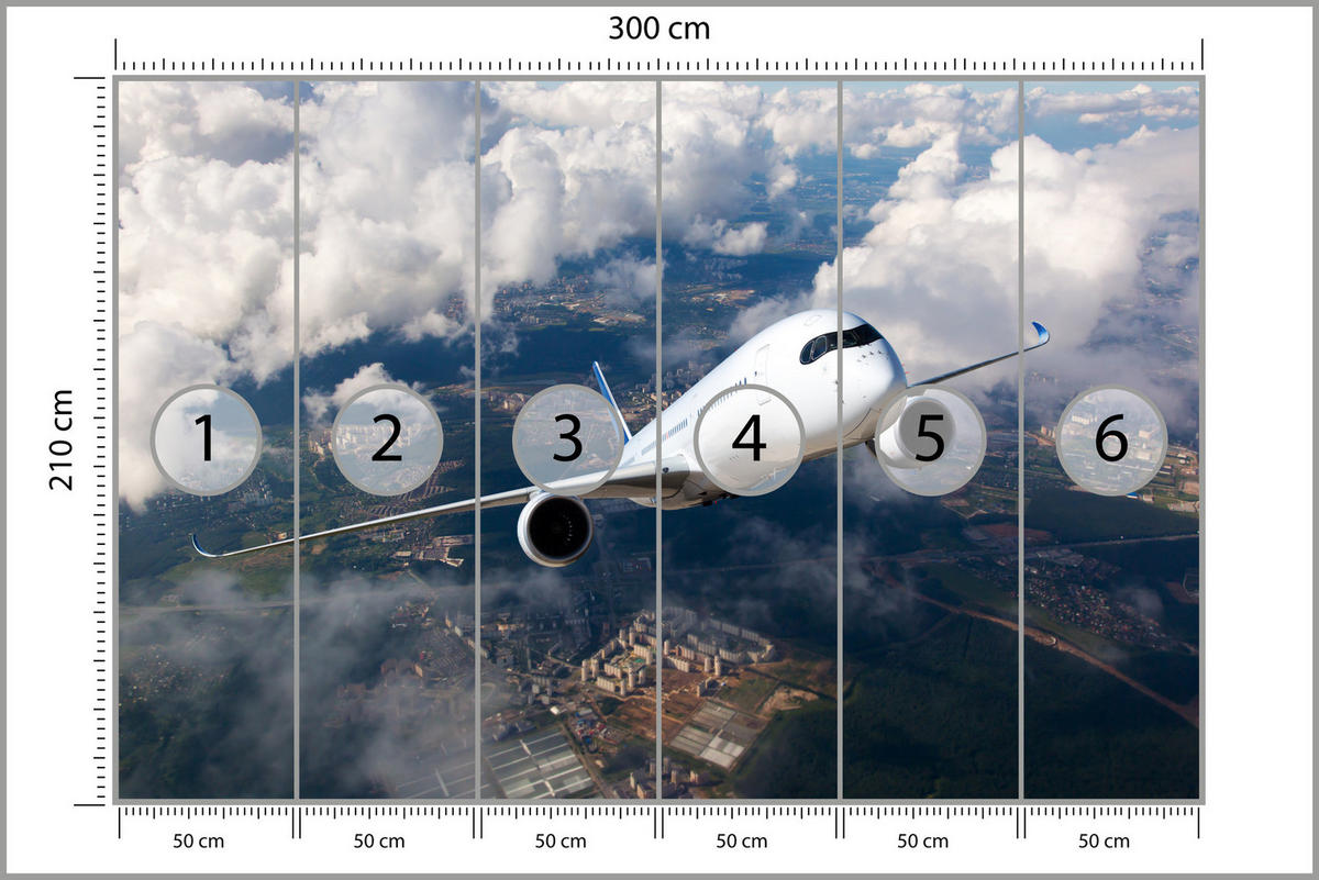 FOTOTAPETA Pre Študentskú Izbu Lietadlo Vzlet Oblaky Obloha 300 x 210 cm - modrá/sivá, papier (300/210cm) - Muralo