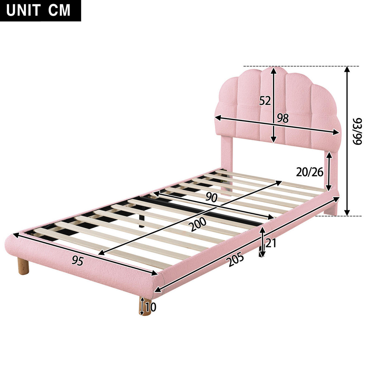 POLSTERBETT aus Bouclé 90x200 cm Rosa/Weiß mit Holzlattenrost und verstellbarem Kopfteil - Rosa, Textil (90/200cm) - Modfu
