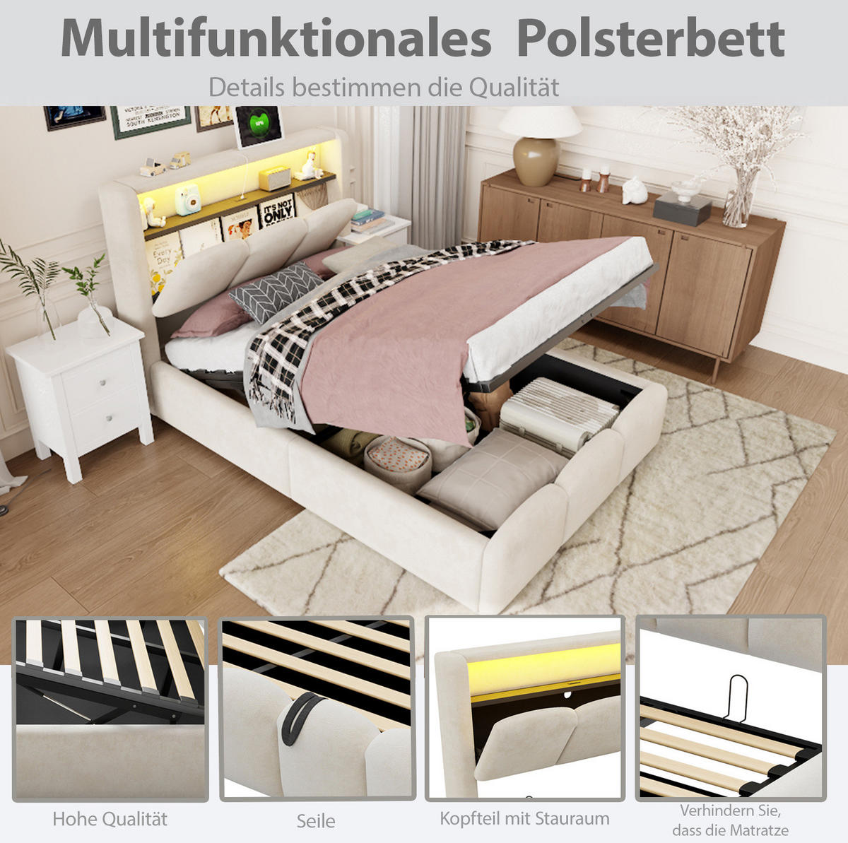ČALOUNĚNÁ postel 90x200 cm s USB a Typ-C, LED osvětlením, úložným prostorem a sametovým čalouněním, Béžová - béžová, textil (90/200cm) - Redom