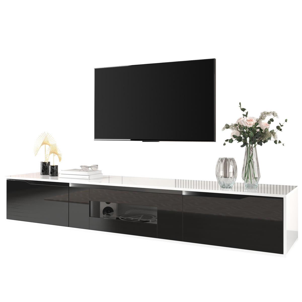 LOWBOARD TV-Schrank Modern Hochglanz Schwarz/Weiß mit LED 16 Farben, Wandmontage, MDF, Groß - Schwarz/Weiß, Holzwerkstoff (180/30/35cm) - EVRYAE