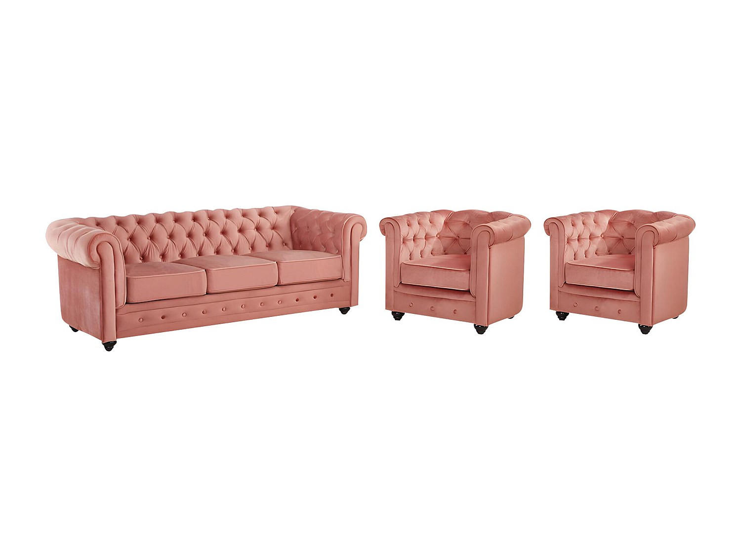 COUCHGARNITUR 3+1+1 - Samt - Rosa - CHESTERFIELD - Pink, Textil (88/72/205cm) - Vente-Unique