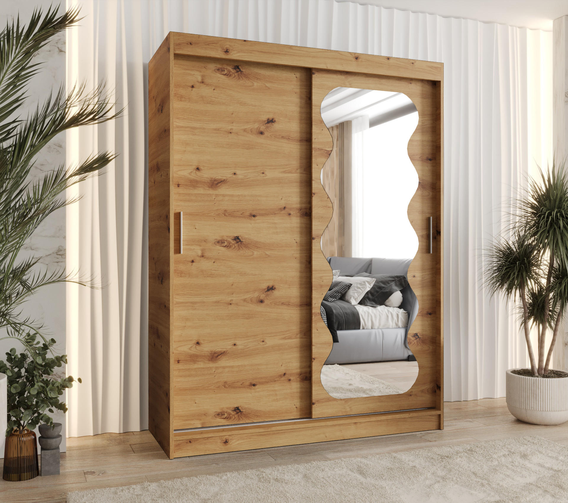 SCHWEBETÜRENSCHRANK 200/150/62 2-türig - Silberfarben/Eiche Artisan, Holz (150/200/62cm) - MÖBEL KRYSPOL