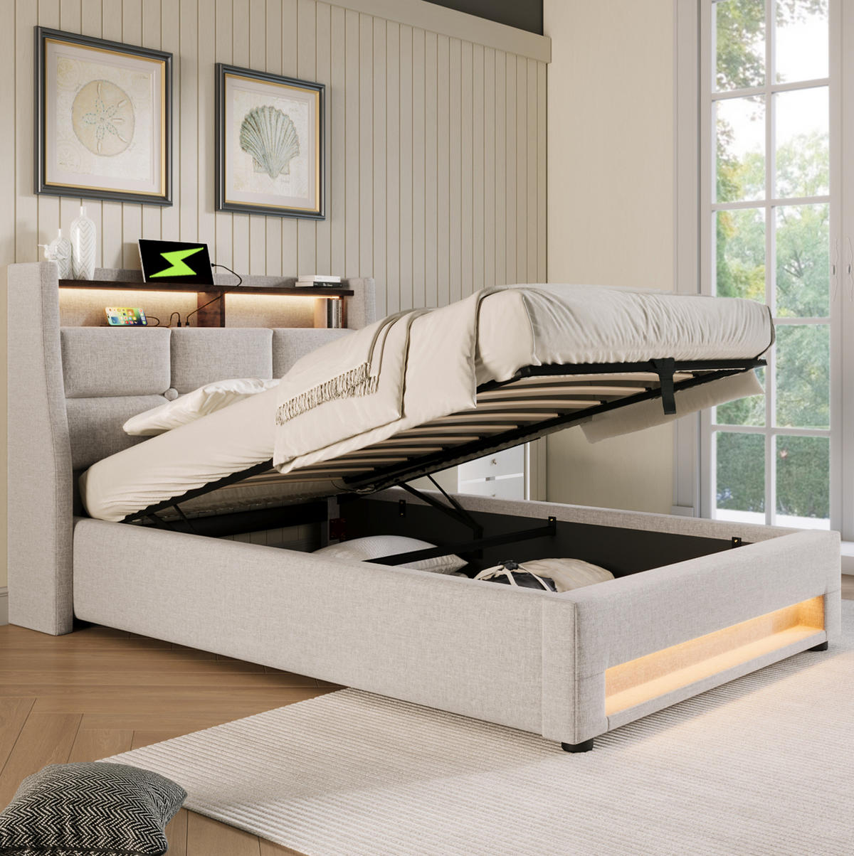 POLSTERBETT aus Leinenmaterial 90x200 cm Hellbeige mit LED-Beleuchtung, 2 USB-Anschlüssen und Stauraum - Beige, Textil (90/200cm) - IVMEU
