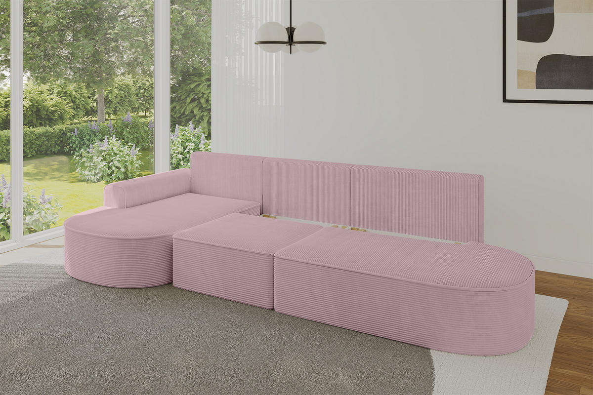 ECKSOFA mit Schlaffunktion Ottomane Links MARI L2-S 368X167X85 Rosa Cord - Schwarz/Rosa, Holzwerkstoff/Kunststoff (368/167cm) - ALTDECOR