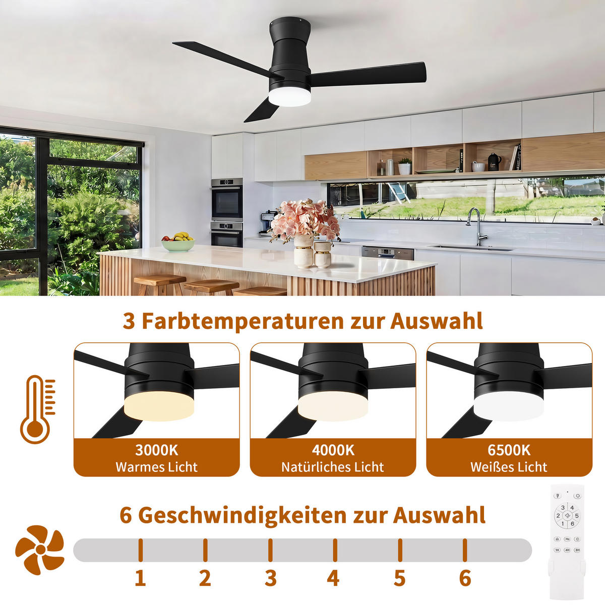 DECKENVENTILATOR mit LED-Licht, 106.6 cm, Weiß, 6 Stufen & Timer - Schwarz, Metall (106.6/106.6/29cm) - EuroLiving