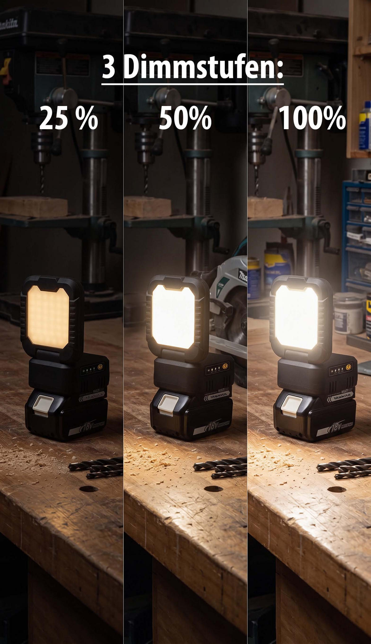 LED-ARBEITSLEUCHTE 180° klappbar 3-stufig dimmbar 1600lm für 18V Makita Akkus - Schwarz, Kunststoff (10.4/8.6/13.8cm) - Northpoint
