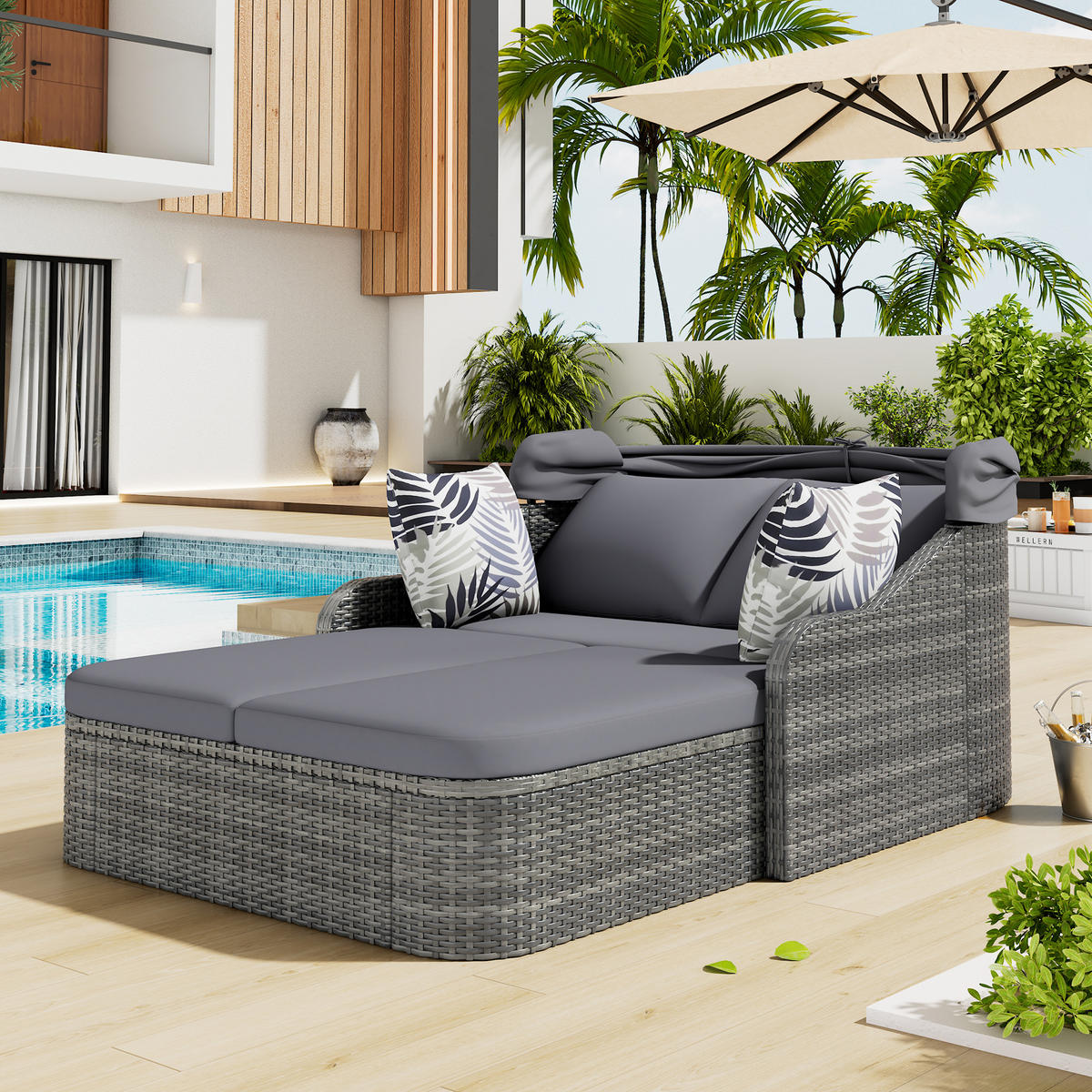 LOUNGESOFA aus Rattan & Metal 203x120x126 cm in Grau mit Baldachin - Grau, Metall (120/126/203cm) - Modfu