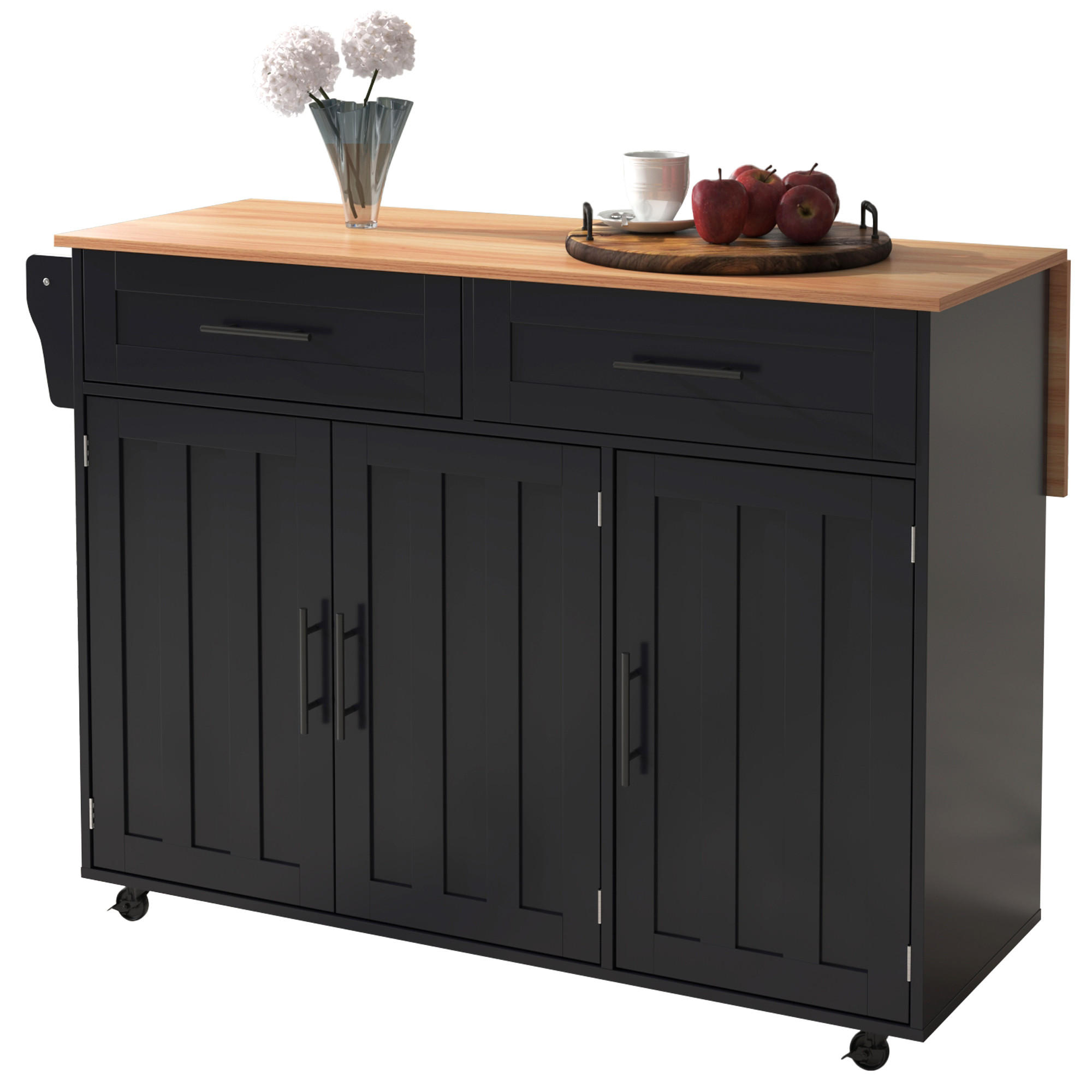 KÜCHENINSEL 129x71x91.5cm Schwarz mit Ausziehplatte, Schubladen & Rollen/Füßen - Schwarz, Holzwerkstoff (129/91.5/71cm) - Modfu