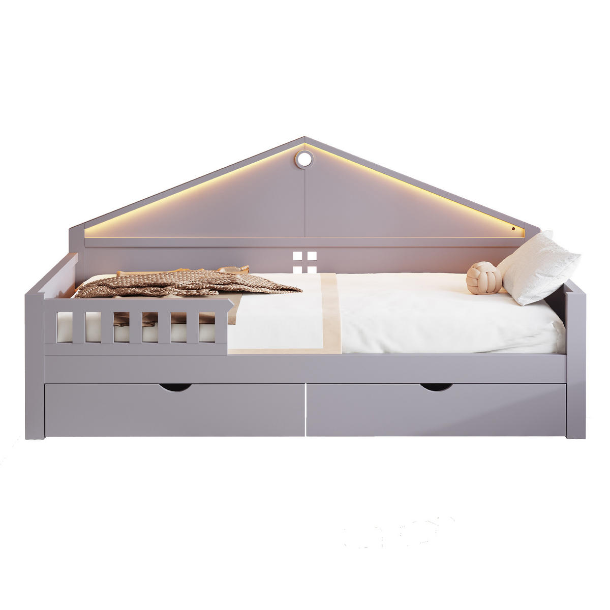 KINDERBETT 90/200 cm grau aus Massivholz und MDF mit LED-Lichtleiste und Schubladen - Grau, Holz (90/200cm) - OKWISH