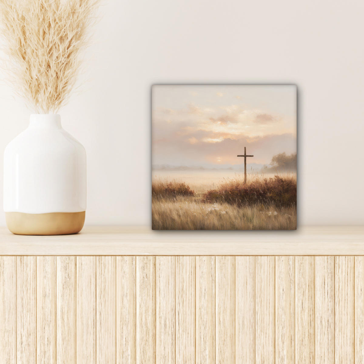 LEINWANDBILD Gras - Morgennebel - Kreuz - Christentum Deko Wohnzimmer 20x20 cm - Beige, Textil (20/20cm) - MuchoWow