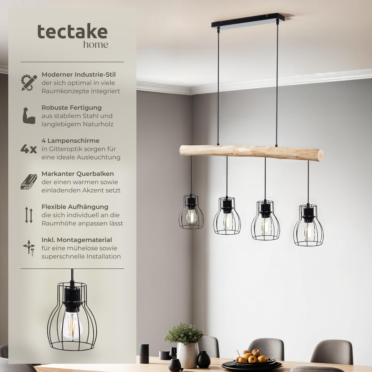 HÄNGELEUCHTE Woody,82 x 13,5 x 140 cm,schwarz/braun - Schwarz/Braun, Metall (82/13.5/140cm) - tectake
