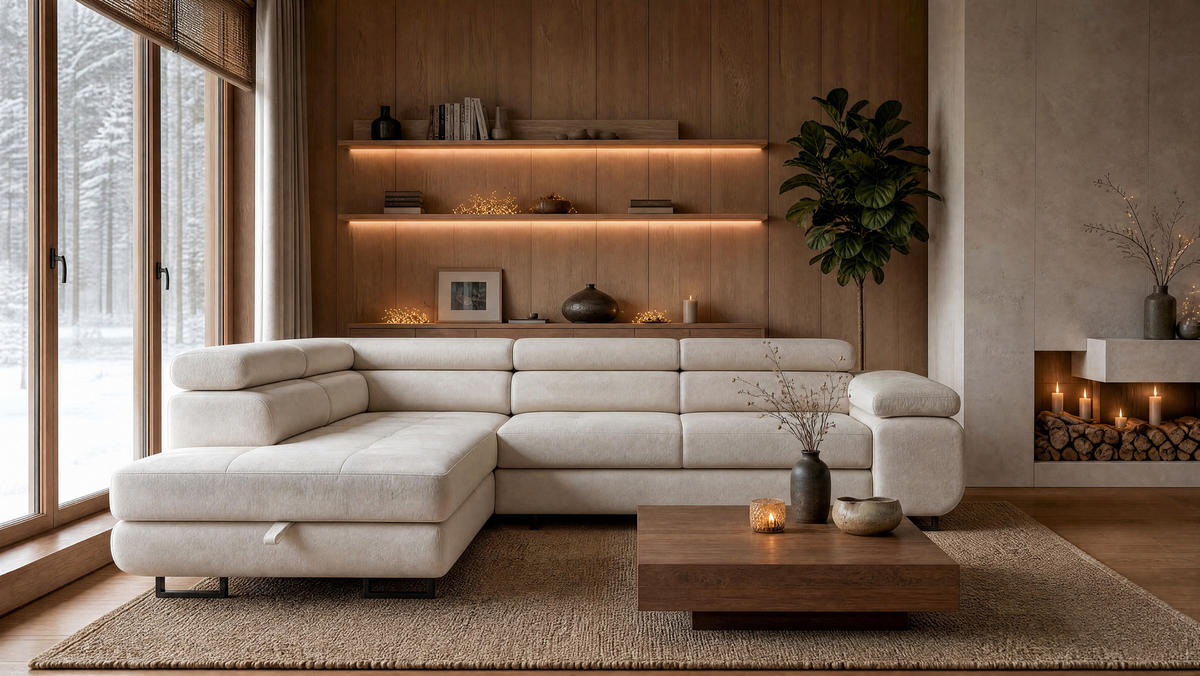 ECKSOFA Velmo mit Bettkasten und Schlaffunktion, verstellbaren Kopfstützen, in L-Form - Beige, Textil (275/203cm)