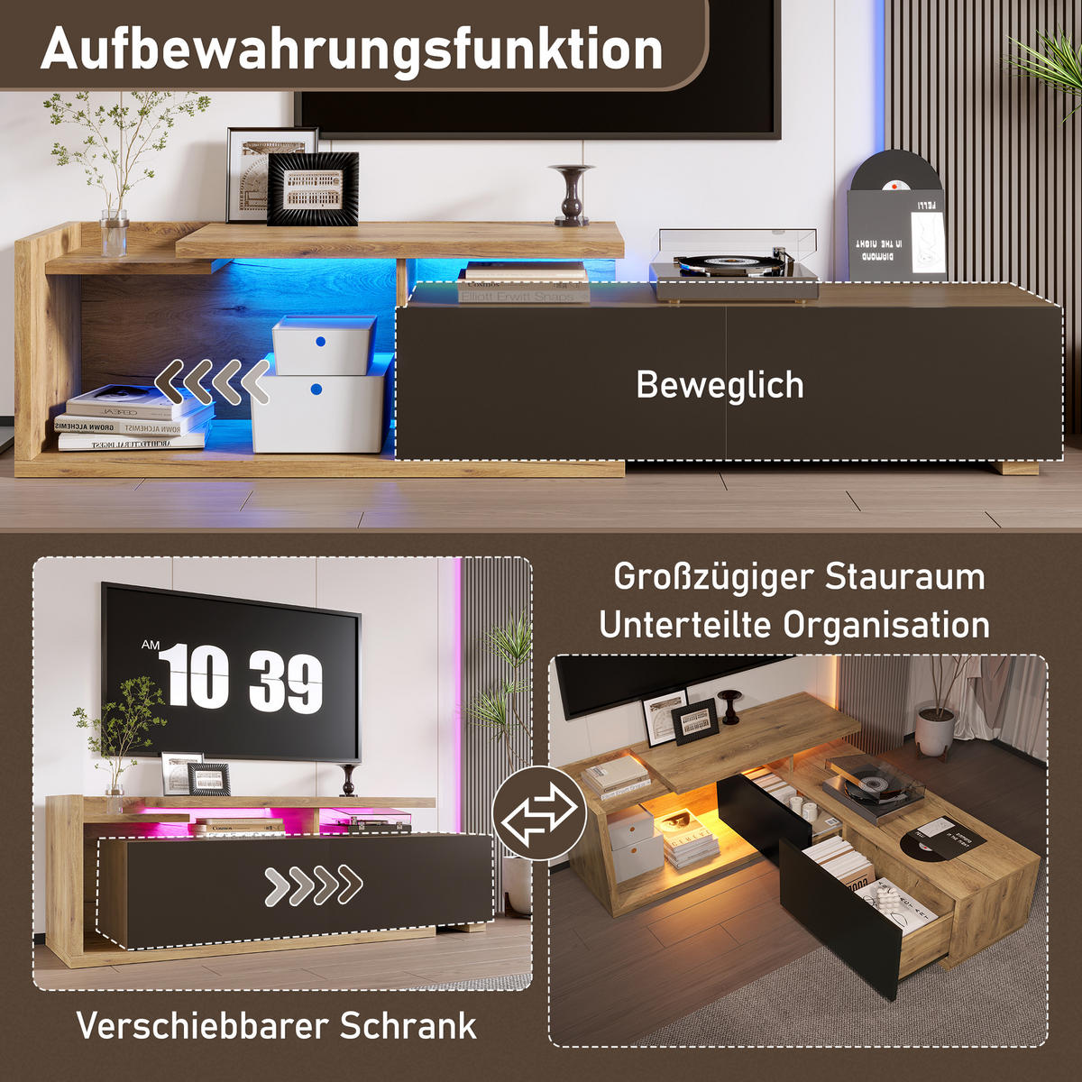 TV-LOWBOARD,UNENDLICH kombinierbar mit integriertem LED-Beleuchtungssystem - Natur - Naturfarben, Holz/Holzwerkstoff (40/45/135cm) - KOMHTOM