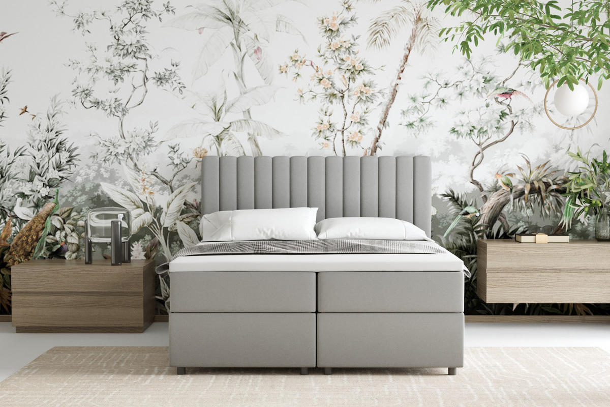 BOXBETT Everest grau 140 x 200 cm Doppelbett mit hochwertiger Bonell-Matratze und Topper - Hellgrau, Holz (140/200cm) - Panda Möbel