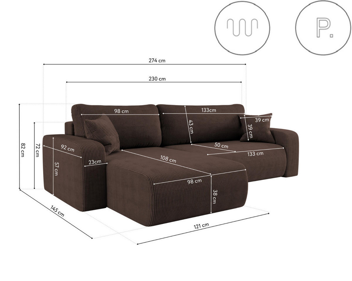 SCHLAFSOFA MILANO XL und bettkasten stoff Poso Dicker Cord Braun Links - Braun, Holz (274/82/145cm) - Kaiser Möbel