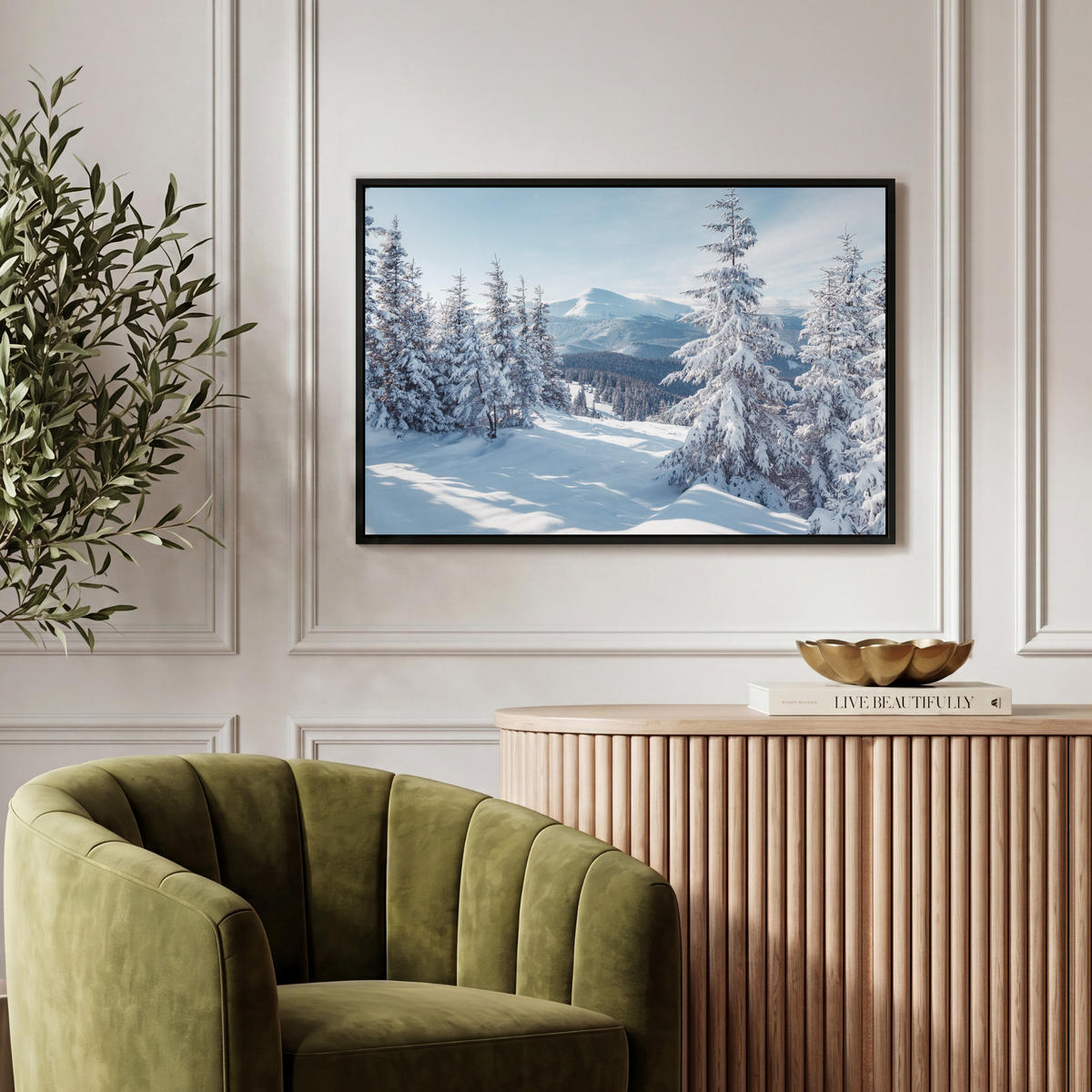 LEINWAND Bilder mit Rahmen - Winterlandschaft - Natur - Berge - Bäume - Schnee - 60x40 - Hellblau, Textil (60/40cm) - MuchoWow
