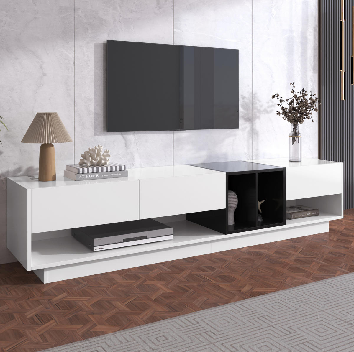 TV-SCHRANK in Weiß und Schwarz Hochglanz mit 3 Schubladen 190/40/42 cm - Weiß, Holzwerkstoff (190/42/40cm) - Redom