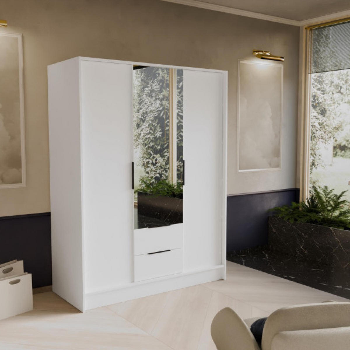 SCHRANK Weiß NIKOLA Mit Spiegel Und Verstellbaren Regalen 150 cm - Transparent/Weiß, Holzwerkstoff (150.5/200/51cm) - Sepro Meble
